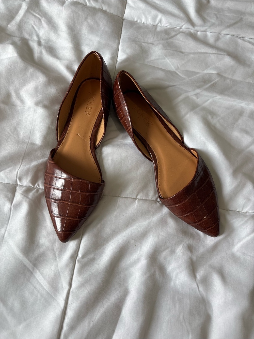 J. Crew Pointed D'Orsay Flats in Brown Croc-Embossed Leather